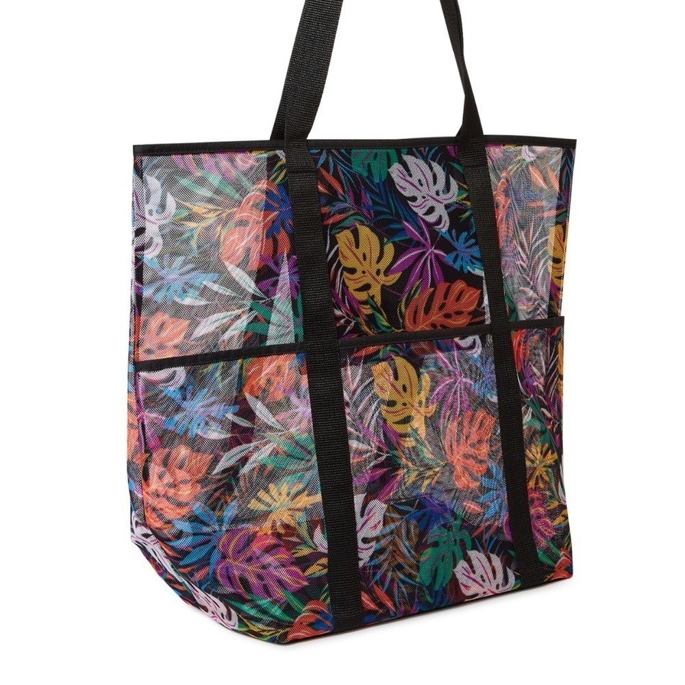 Time&Tru‎ Vibrant Tropical Leaf Print Mesh Large Beach Travel Tote Bag  20X16"